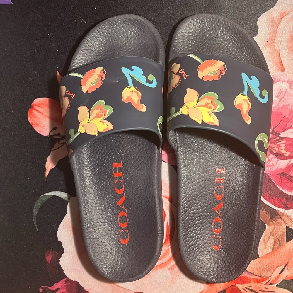 COACH Black Floral Slide Sandals with Orange and Blue Accents